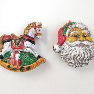 Set of 2 Vintage Christmas Tree Rocking Horse Santa Face Figurine Ornaments Vtg